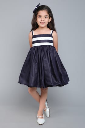 Colorblock Spaghetti Dress with Matching Bow Clip -Navy Blue & White-1-2Y / Navy Blue