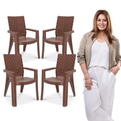 MAHARAJA Heavy Duty Plastic Chairs for Home & Office | Comfortable | Arm Rest | 200Kg Capacity (Brown, Pack of 4)