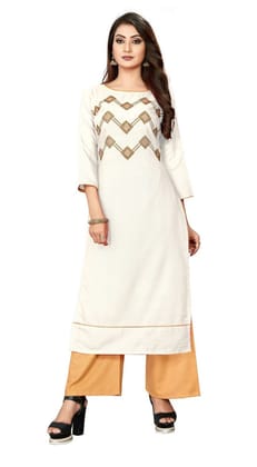 Partywear Women's Cotton Blend White Straight Printed Kurta with Pant