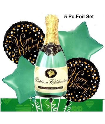 Kiran Enterprises Happy Birthday Green Bottle Foil Balloons Set of 5 Pcs