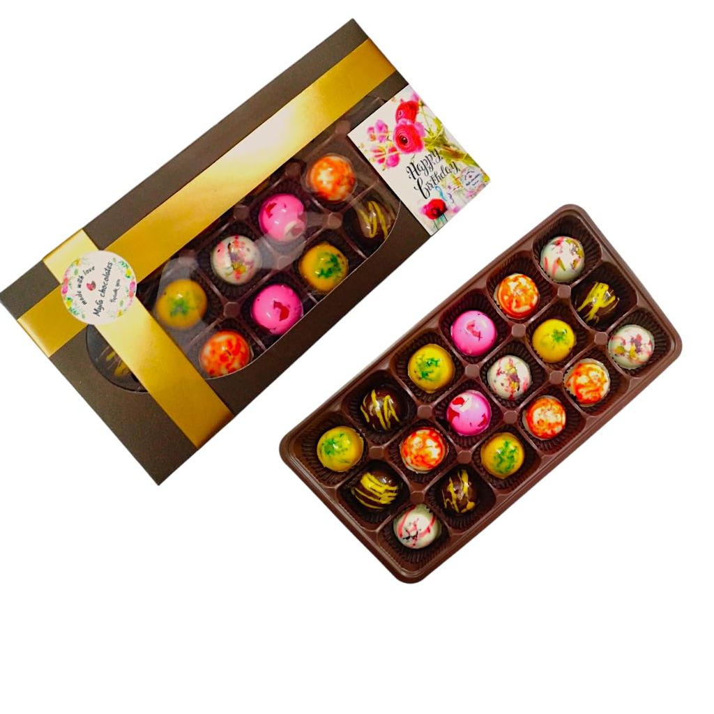 Handcrafted Assorted Chocolate Truffles Gift Box, 18 Pieces, Floral Birthday Design