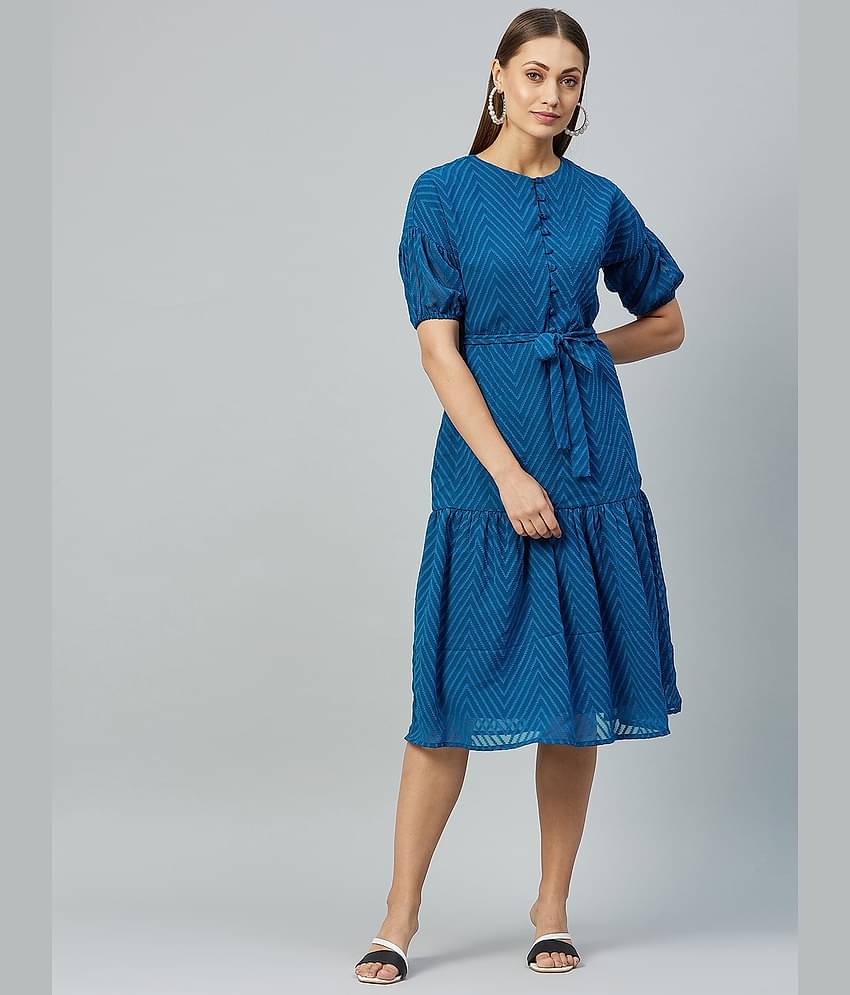 Rare Women Georgette Fit & Flare Dress ( Blue )