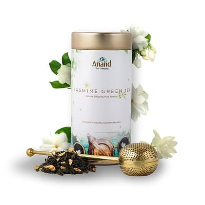 ANAND TEA - Herbal Jasmine Green Tea, Made with Freeze dried Jasmine Flower Intensely Aromatic, Night Blooming Jasmine Flower Natural Jasmine Tea, Herbal Tea, 50g Loose Whole Leaves with Brass Infuser