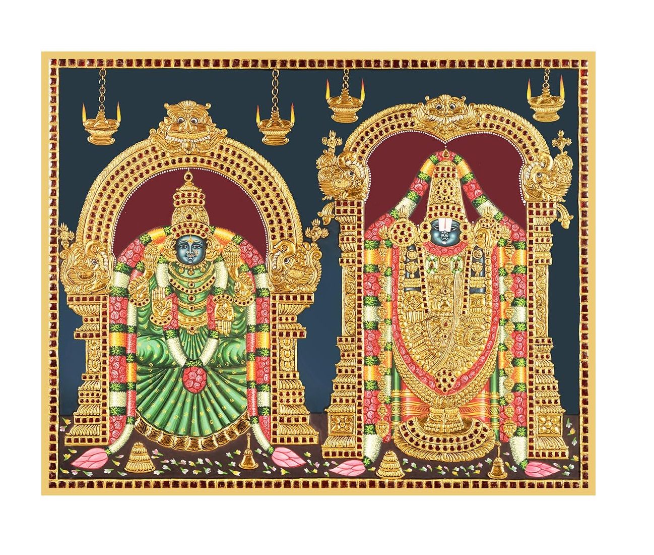 Padmavathi with Balaji Traditional Tanjore Painting By Authentic Handcrafted Method (Size 18x14)