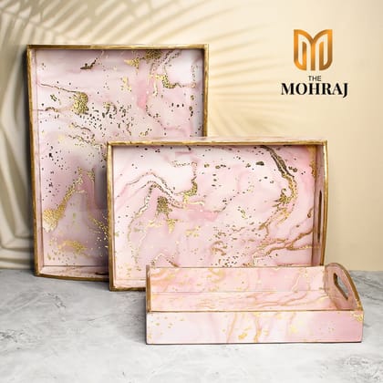 The Mohraj Pink Marble Design MDF Trays with Curved Handles Set of 3 The Mohraj Pink Marble Design MDF Trays with Curved Handles Set of 3