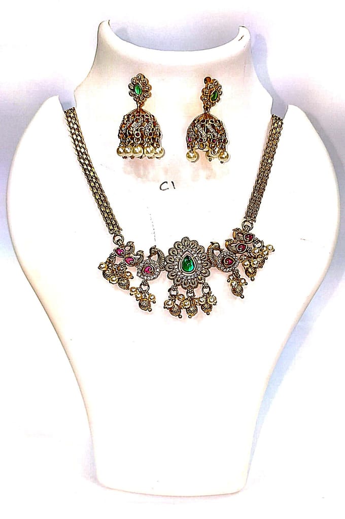 Bridal Gold Plated Kundan Meenakari Pearl Necklace Set with Earrings for Women