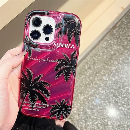 2 In 1 Hot Pink Summer Coconut Trees iPhone Soft Case-iPhone 14 Plus / iPhone 15 Plus