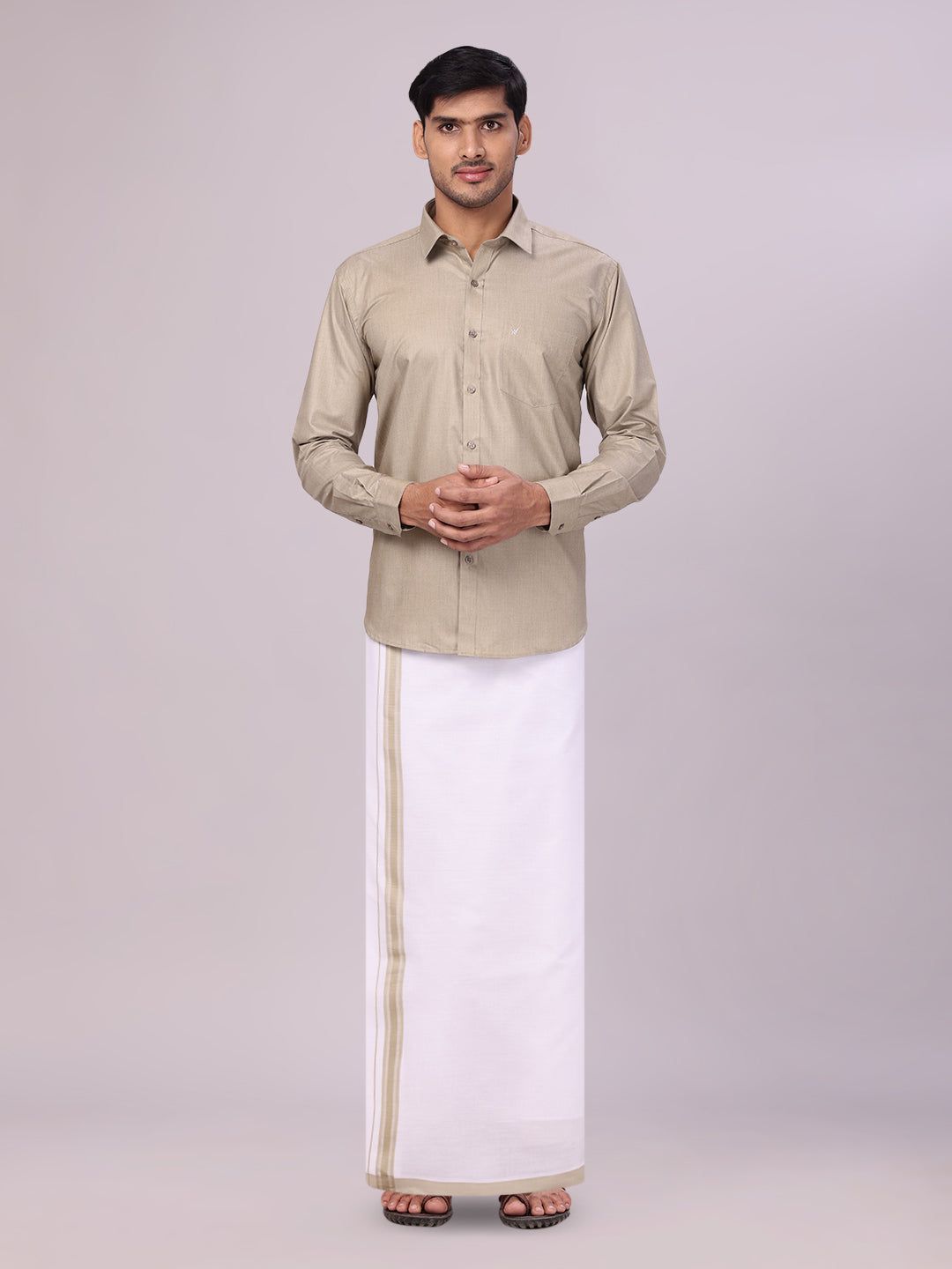 Mens Cotton Light Olive Matching Shirt and Dhoti Combo Luster-36 / H/S / Light Olive