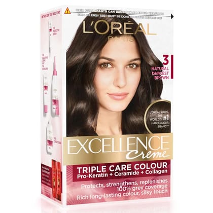 L'Oreal Paris Excellence Creme Hair Colour, Natural Darkest Brown (3) (72ml + 100 G)