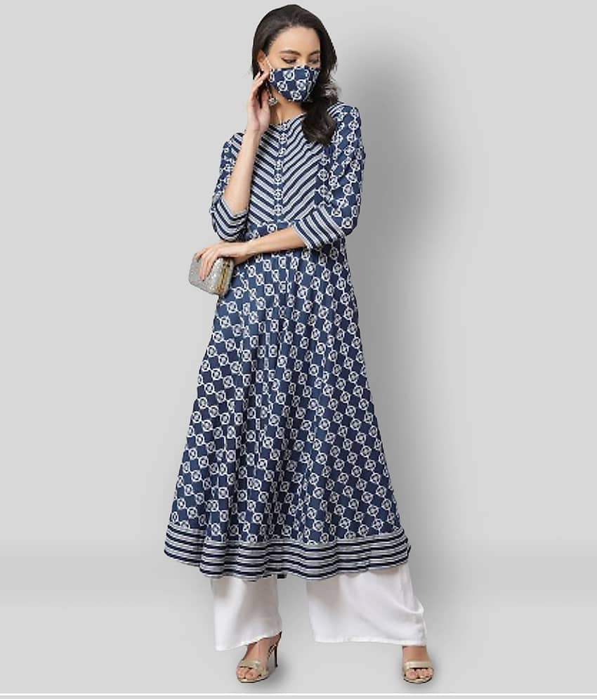 Yash Gallery Pack of 1 Cotton Printed Flared Women's Kurti - ( Blue )