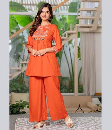 kedar fab Women Embroidered Tunic With Palazzos Co-Ord Set ( Orange )