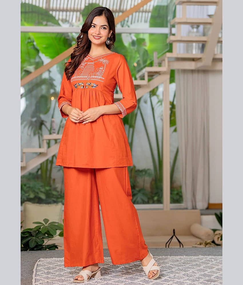 kedar fab Women Embroidered Tunic With Palazzos Co-Ord Set ( Orange )