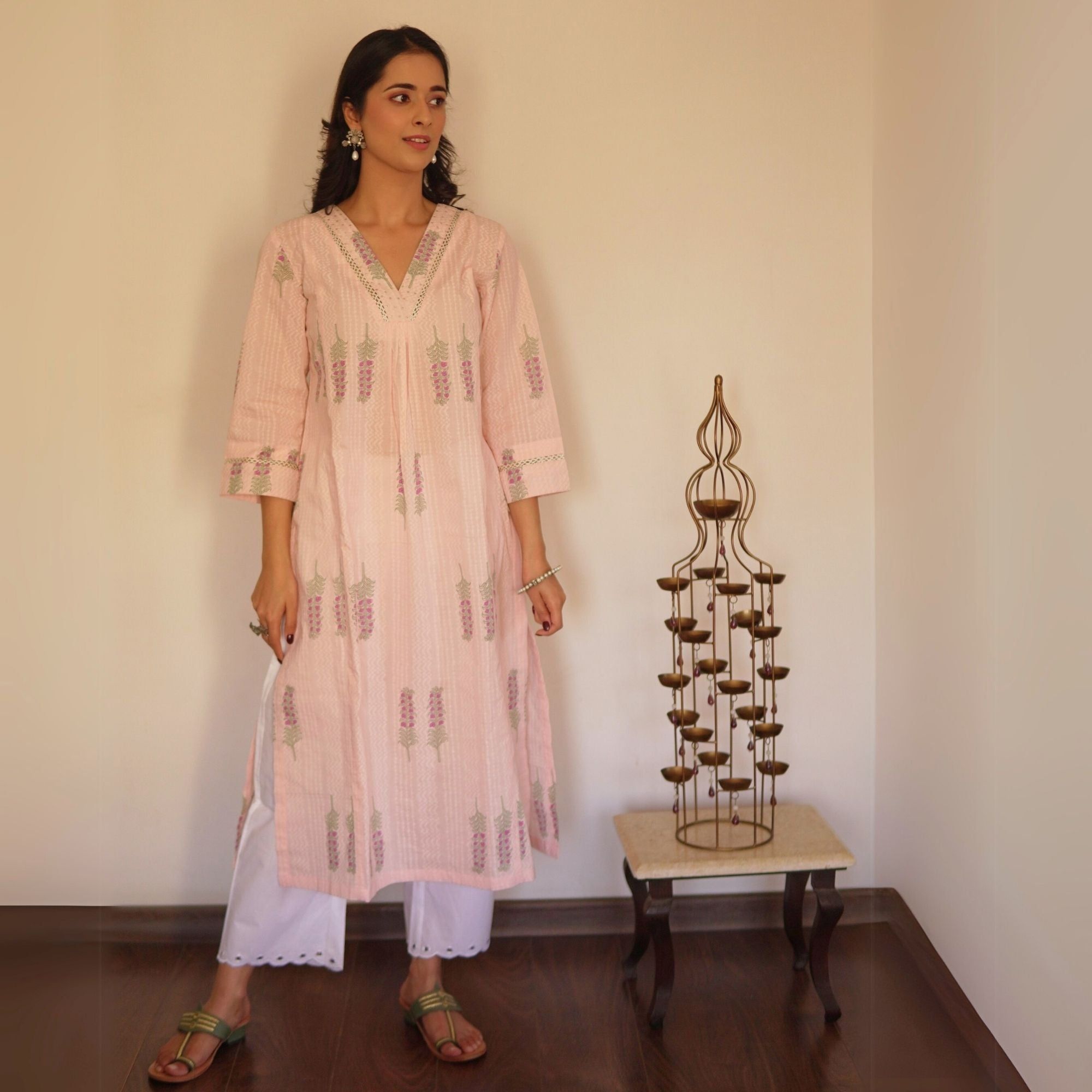 Pink Mughal Print A-line Kali Kurta-XS