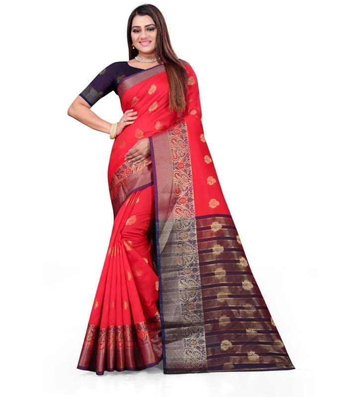 Women's Silk Blend Woven Saree With Unstitched Blouse 5.5Mtr (Red)-PID54579