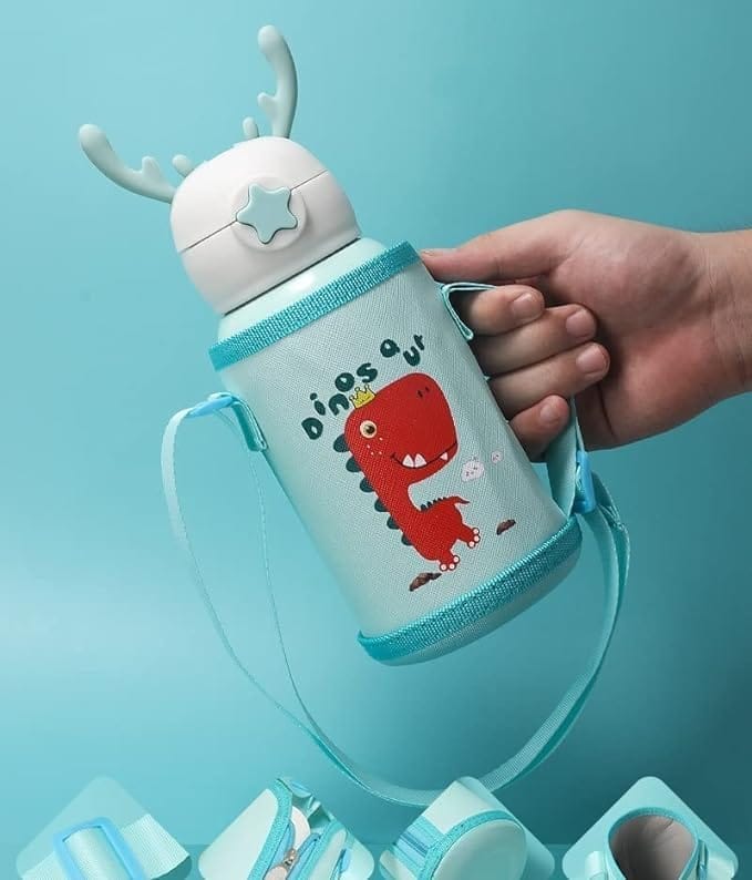 Cartoon Printed Sipper Water Bottle with Straw & Cover for Children - Stainless Steel Flask 500 ML (Blue)