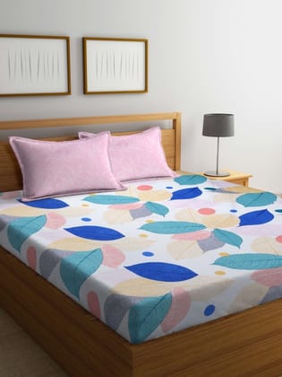 Pink & Blue Floral 300 TC Flat King Bedsheet with 2 Pillow Covers