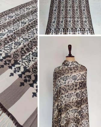 White & Black Kani Pashmina Shawl – Handwoven Khatras Motifs with Floral Accents | Pure Wool Heritage Wrap by Heritage Design Inc