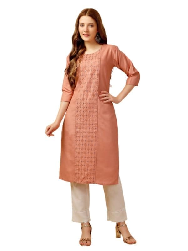 Women's Casual 3-4 th Sleeve Embroidery Cotton Kurti Pant Set (Orange, L)-PID50223