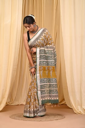 HAND BLOCK PRINTED COTTON LINEN SAREE WITH BLOUSE