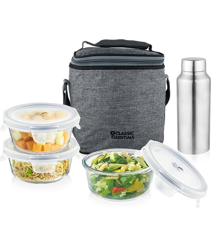Classic Essentials Glass Lunchbox set with Bottle Glass Lunch Box 3 - Container ( Pack of 5 )