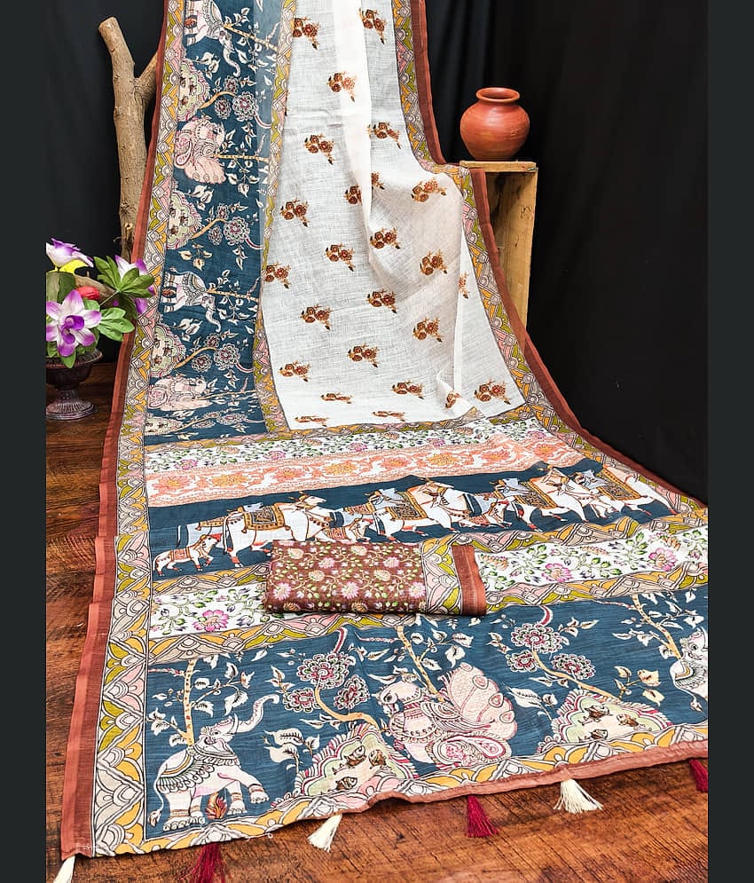 Kashvi Sarees Cotton Printed Kasavu Saree With Unstitched Blouse Piece ( Multicolor )