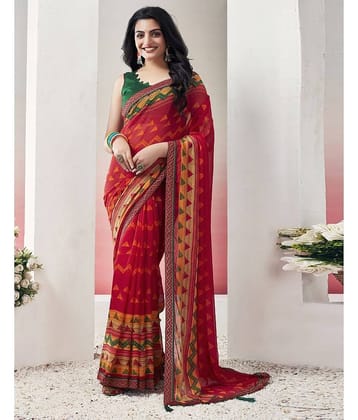 Samah Chiffon Printed Saree With Unstitched Blouse Piece ( Multicolour )
