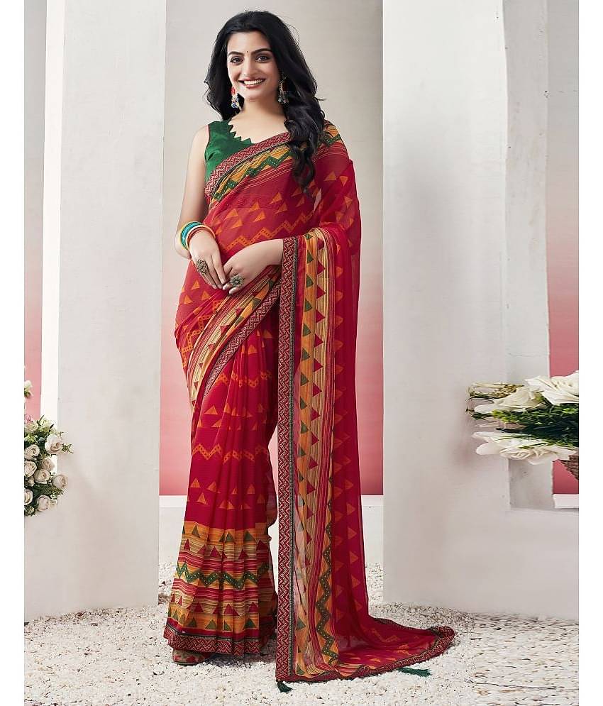 Samah Chiffon Printed Saree With Unstitched Blouse Piece ( Multicolour )