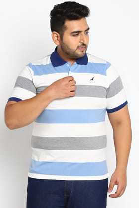 Men's Plus Size Polo Collar Yarn Dyed Striped T-Shirt-3XL / White, Grey Melange, Blue & Navy Blue