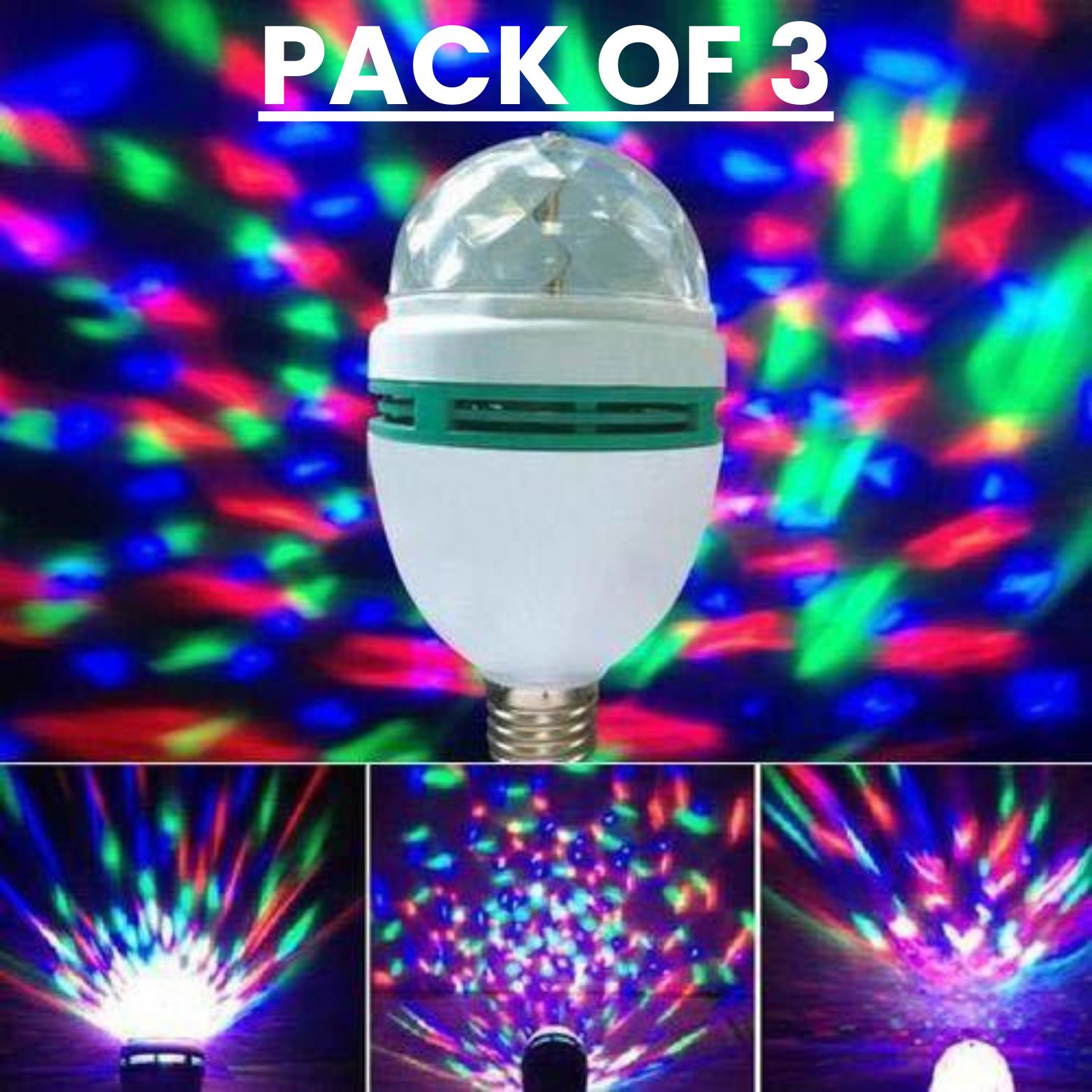 SPARKWORLD Rotating RGB Disco LED Party Light Bulb (Pack of 3) Color Changing Magic Effect for Home, Party, DJ & Festivals | Colour: Multicolor