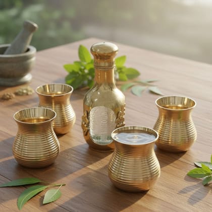 Brass Antique Jug with 4 Glass Set | Royal Drinkware Gift, Height : 6.5 Inch (BMAS309 A)