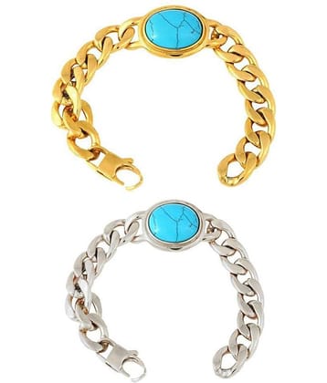 The Jewelbox Salman Curb 18K Gold Plated Surgical Stainless Steel Turquoise Bracelet Combo For Men