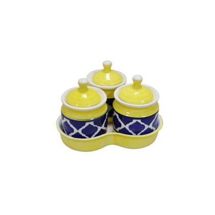 Khurja Pottery Jar + Tray Yellow Blue 3+1| Hand painted | Kitchen ware | Home Décor | Yellow and blue 