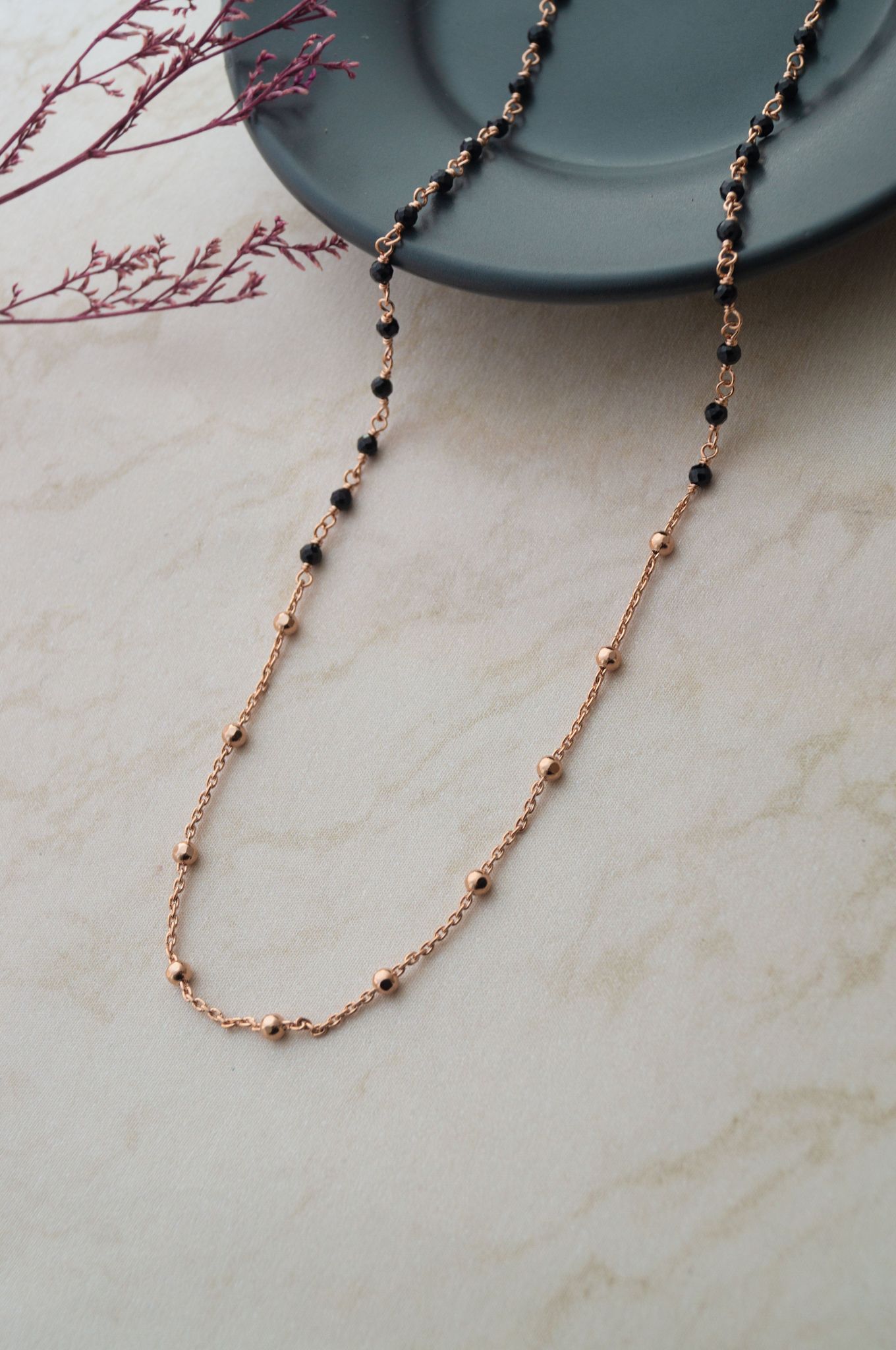 Minimal Beaded Station Rose Gold Plated Sterling Silver Mangalsutra Necklace-Rose