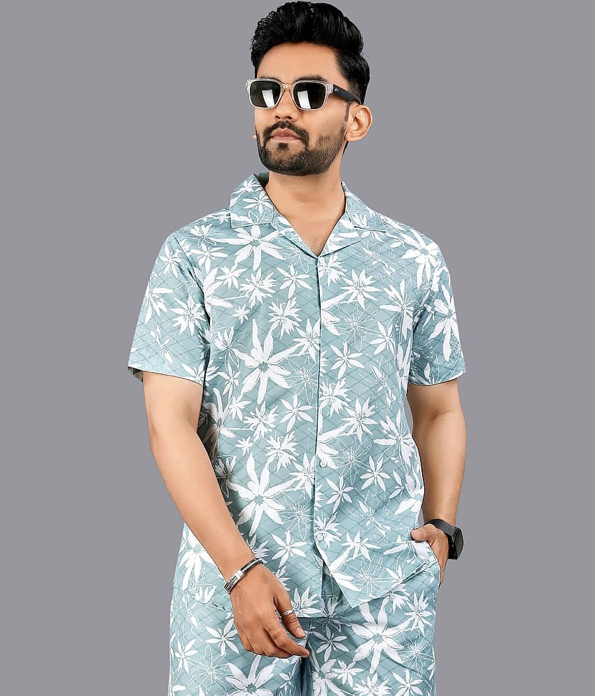 FTX Cotton Blend Regular Fit Printed Half Sleeves Men's Casual Shirt - Light Blue ( Pack of 1 )
