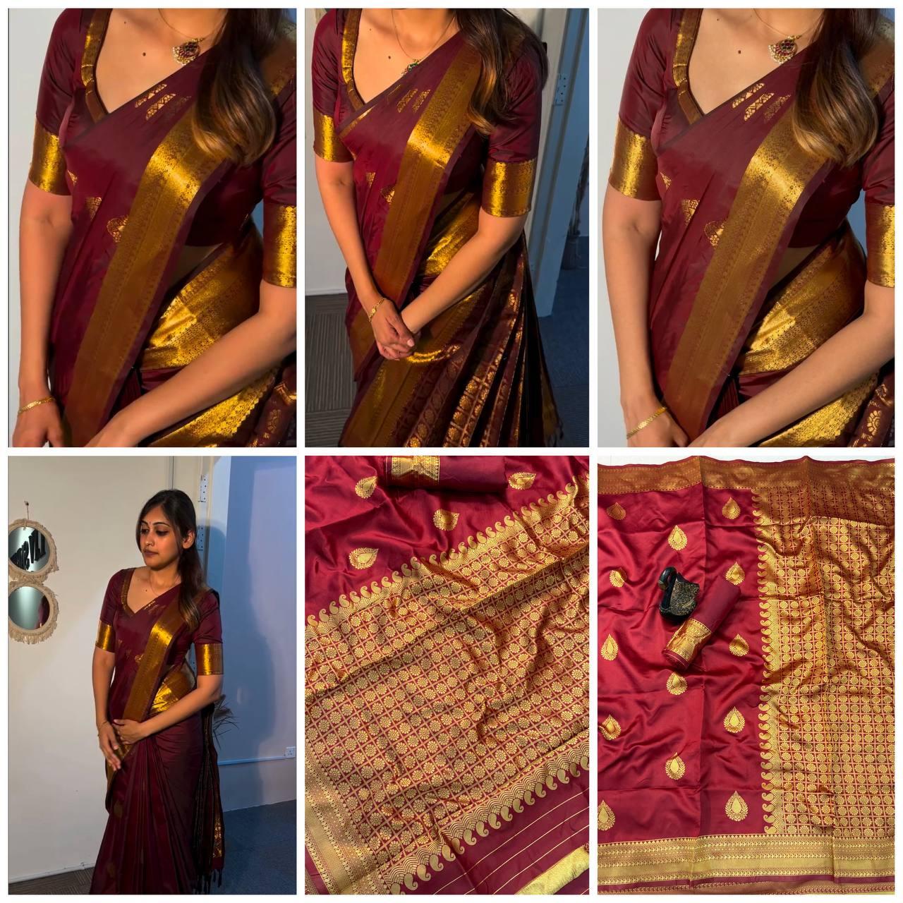 Maroon Lichi Silk Saree with Rich Jacquard Weaving