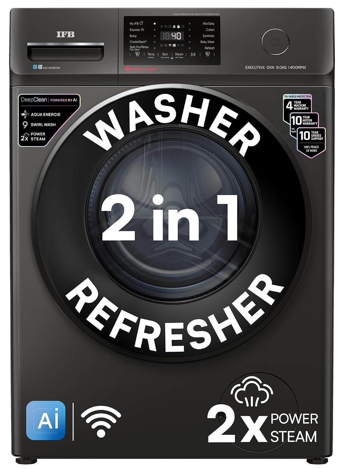 IFB 9 Kg 5 Star, DeepClean Technology, AI Powered, WiFi, Fully Automatic Front Load Washing Machine (EXECUTIVE OXN 9014 CMS, PowerSteam, 9 Swirl, Steam Refresh, Inbuilt Heater, Eco Inverter, Onyx) IFB 9 Kg 5 Star, DeepClean Technology, AI Powered, WiFi, 