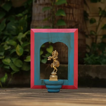 Lord Krishna Playing Flute Brass Idol With Distressed Wooden Frame
