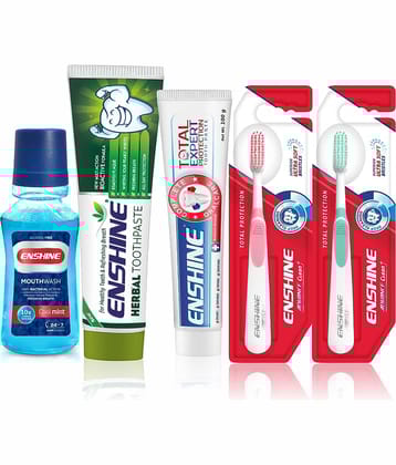 ENSHINE Herbal Paste and Total Expert Protection Toothpaste 100g Mouthwash & 2pc Toothbrushes