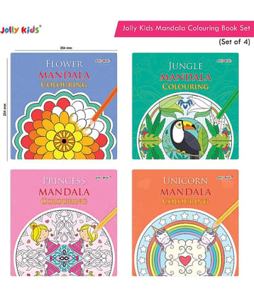 Jolly Kids Mandala Colouring Books Set| Set of 4| Stress Relieving Theme of Colouring Book Designs Flower, Jungle, Princess & Unicorn