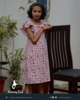 Butterfly Bliss  Pink Cotton Kids Print Frock for girls