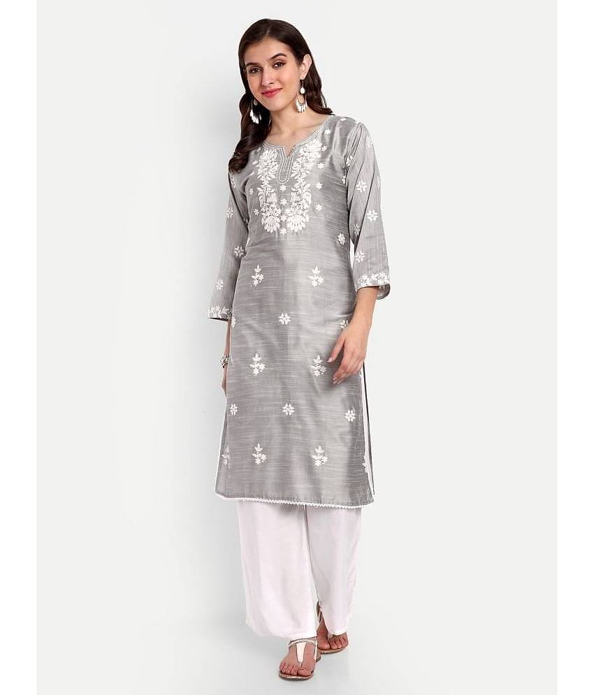 UB WOLF - Grey Silk Women's Straight Kurti ( Pack of 1 )
