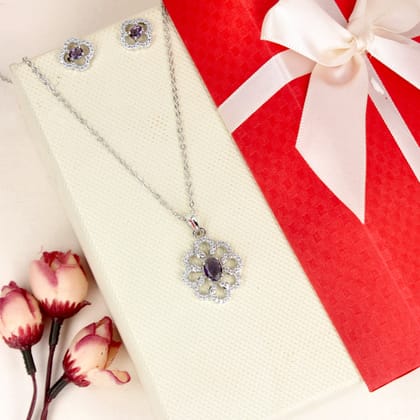 Cubic Zirconia Purple Stone Rhodium Plated Flower Pendant Set - SIA446774_C