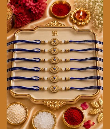 Rhosyn Religious 6 Designer Evil Eye Rakhis 1 Greeting Card 1 Small Roli, Chawal, Chandan & Mishri Pack Adjustable Rakhi ( Pack of 6 , Blue )