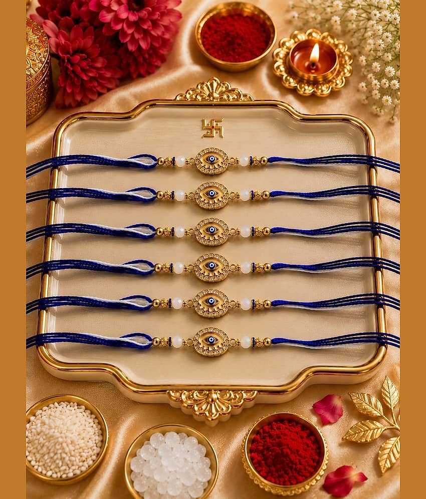 Rhosyn Religious 6 Designer Evil Eye Rakhis 1 Greeting Card 1 Small Roli, Chawal, Chandan & Mishri Pack Adjustable Rakhi ( Pack of 6 , Blue )