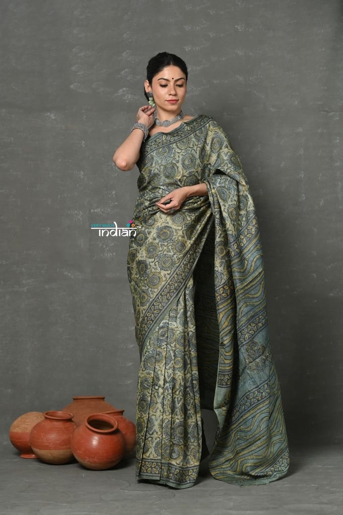 Tyohaar ~ Pure Handloom Tussar Silk with Handblock Print by Khadigram Certified Weavers ~ Khadi Green - Sarees | Buy online on ZillyBuy