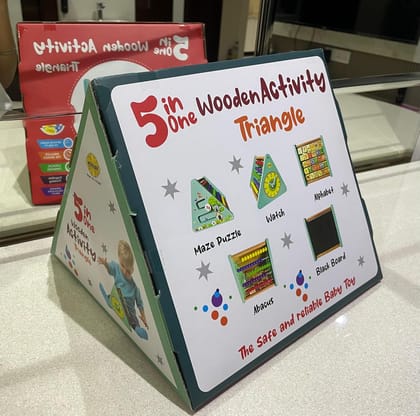 MUKESH 5 in 1 Wooden Activity Triangle Montessori Learning Toy with Alphabets Abacus Clock