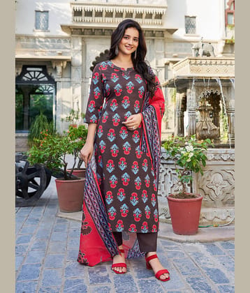 VIBE VISION Cotton Blend Printed Kurti With Pants Women's Stitched Salwar Suit - Brown ( Pack of 1 )