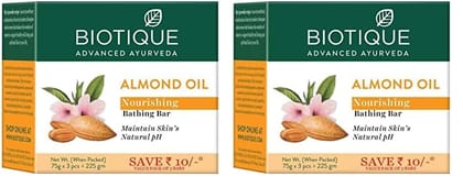 Biotique Almond Oil Nourishing Bathing Bar| Ayurvedic and Organically Pure| Maintains Skin’s Natural pH |100% Botanical Extracts| Suitable for All Skin Types | Pack of 6, 225 g (3 x 75 g) Biotique Almond Oil Nourishing Bathing Bar| Ayurvedic and Organica