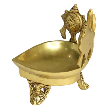 Brass Table Decor Shankh Chakra Deepak, Oil Lamp  - Conch & Chakra Design Oil Lamp, Height : 7 Inch (BSMAS1503 G)