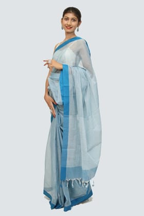 Trendy Cotton Checkerd handloom Saree with Tassels – Blue